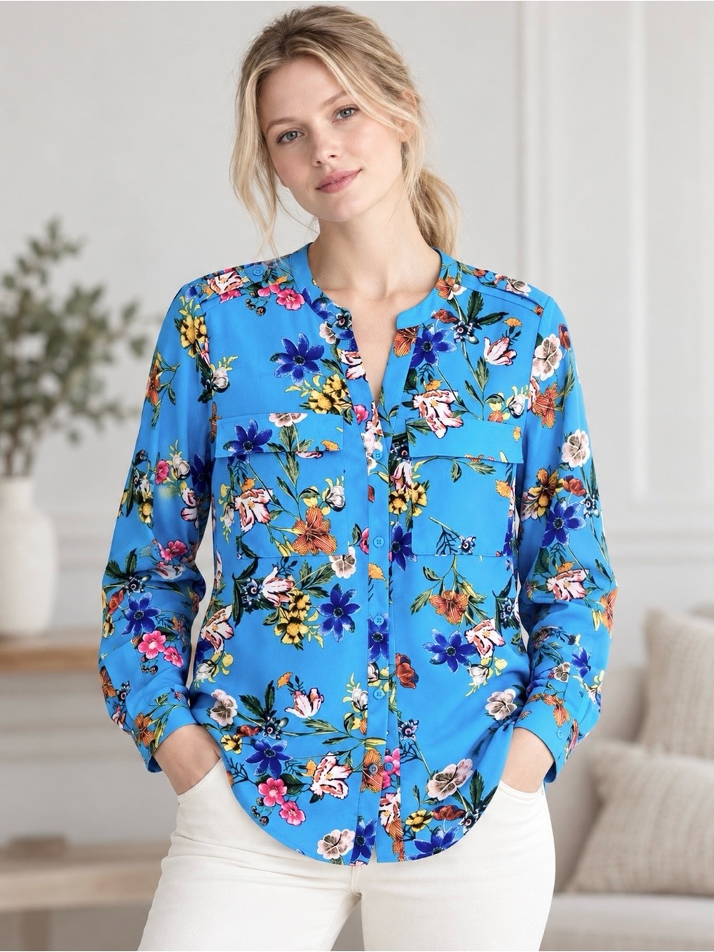 Calvin Klein Georgette Floral Blouse Roll-Sleeves  Pockets Long Sleeve Band Neck